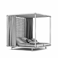 Modern Sofa Bench Featuring Wooden Slatted Canopy White Curtains Light Gray Cushions White Metal Frame