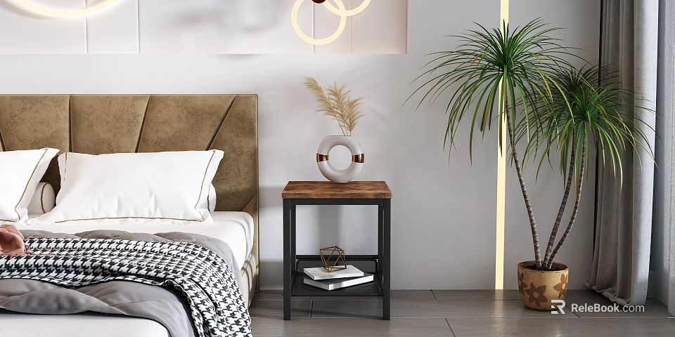 Stylish Bedroom Side Table With Wooden Top Black Metal Frame Vase Books And Palm Plant 3d model 