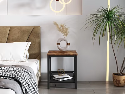 Stylish Bedroom Side Table With Wooden Top Black Metal Frame Vase Books And Palm Plant 3d model