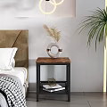 Stylish Bedroom Side Table With Wooden Top Black Metal Frame Vase Books And Palm Plant