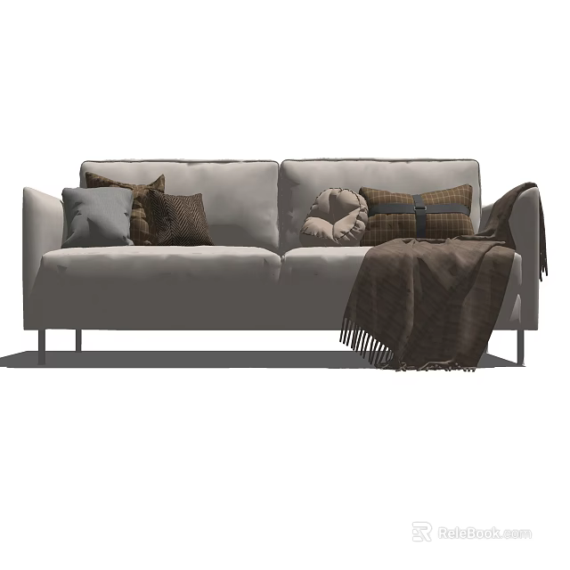 Light Gray Upholstered Two Seater Sofa With Plush Pillows And Throw Blanket 3d model