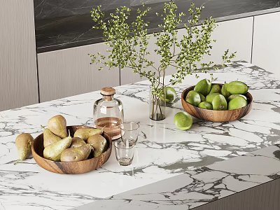 Fresh Green Avocados and Yellow Pears in Wooden Bowls on Marble Countertop with Green Plant 3d model