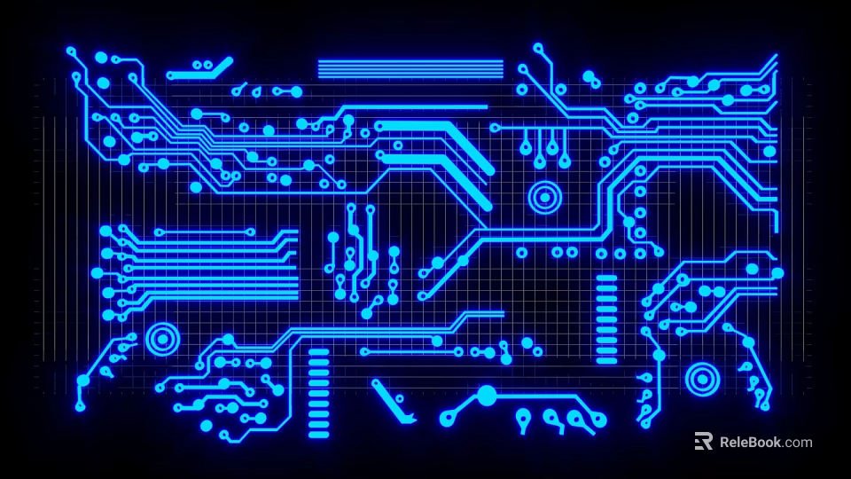 Glowing Blue Circuit Board Lines With Electronic Components And Grid Pattern 3d model 