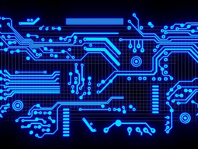 Glowing Blue Circuit Board Lines With Electronic Components And Grid Pattern 3d model