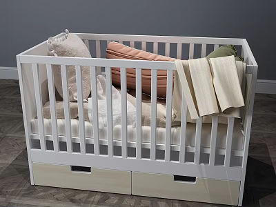 Cozy White Baby Crib With Soft Blankets Pillows And Storage Drawers 3d model