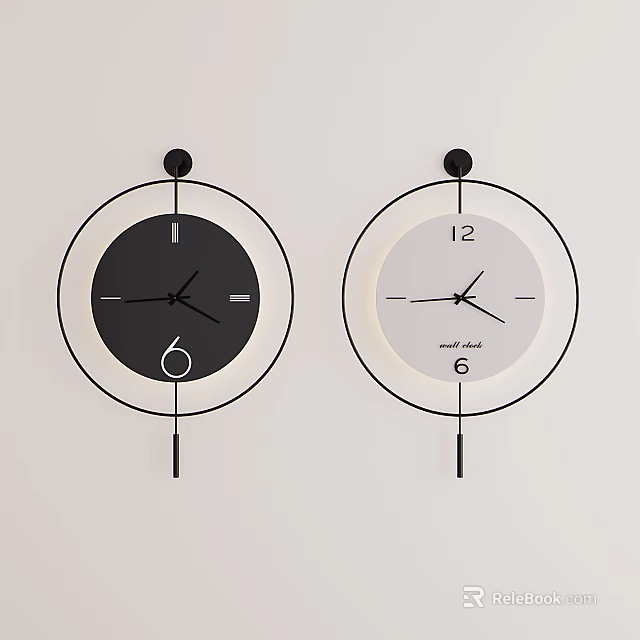 Two Modern Minimalist Wall Clocks With Circular Frames And Pendulums 3d model 
