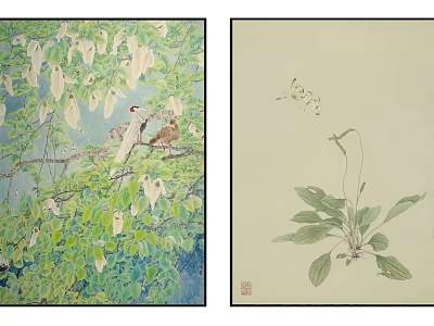 Traditional Oriental Paintings With Birds Leaves Butterfly And Green Plants 3d model