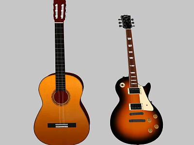 Acoustic And Electric Wooden Guitars With Classic Design As Musical Instruments 3d model