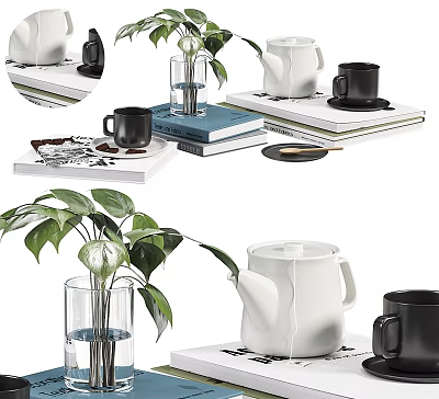 Decorative Ornament Set With White Teapot Black Mugs Books Green Plant Glass Vase And Trays 3d model