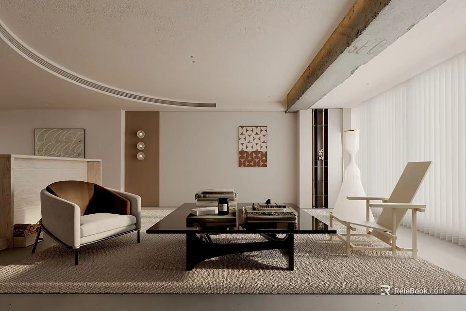 Modern Living Room Interior With Armchairs Coffee Table Decorative Art And Area Rug 3d model 