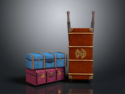 Vintage Leather Trunks Stacked With Blue Purple Brown Cases And Emblem 3d model