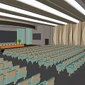 Large Conference Room With Organized Seats Podium Green Plants Projection Screen And Ceiling Lighting