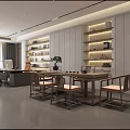 Modern Office Interior With Open Bookshelves Wooden Desk Computer Ergonomic Chairs And Minimalist Lighting