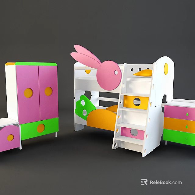 Colorful Kids Bunk Bed With Rabbit Ear Design And Matching Wardrobe Drawers 3d model 