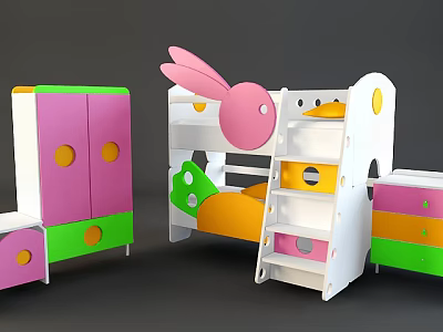 Colorful Kids Bunk Bed With Rabbit Ear Design And Matching Wardrobe Drawers 3d model