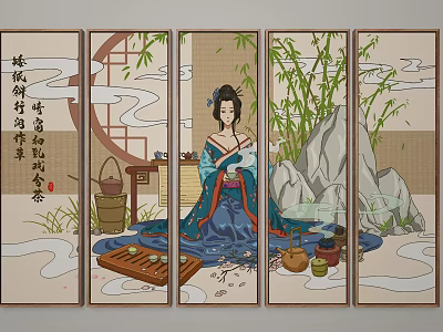 Traditional Chinese Screen Painting With Lady In Traditional Attire Bamboo And Tea Set 3d model