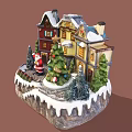 Cartoon Christmas Scene With Snowy Roof Houses Santa Claus Decorated Christmas Tree And Snowy Ground