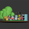 Cartoon Farm Characters With Farmer Children Cow Blue Creature Chick Green Trees And Tractor
