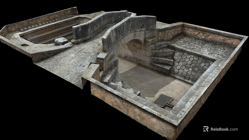 Ancient Stone Ruins Structure Featuring Stone Walls Stairs Archway And Paved Floor 3d model 