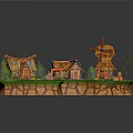 Cartoon Scene Of A Village With Colorful Cottages Windmill Trees And Green Grass