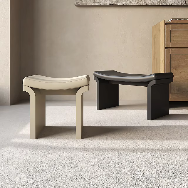 Modern Beige And Black Stools With Sleek Curved Seat And Geometric Legs In Minimalist Interior 3d model 