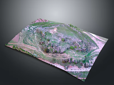 3D Hilly Terrain Model With Green Vegetation Rocky Areas Paths And Small Buildings 3d model