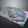 3D Hilly Terrain Model With Green Vegetation Rocky Areas Paths And Small Buildings