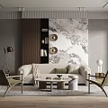 Modern Living Room Design With Sofa Chairs Coffee Table Floor Lamp Wall Art And Shelves