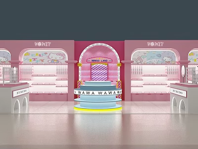 Pink Themed Toy Gift Shop with WAWA WAWA Brand Colorful Shelves and Central Display Stand 3d model