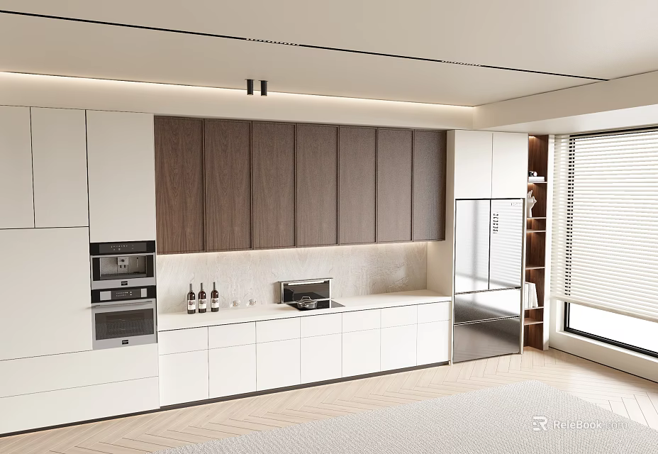 Sleek Modern Kitchen Interior Featuring White And Wooden Cabinets Built In Appliances And Countertop 3d model 