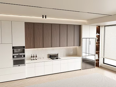 Sleek Modern Kitchen Interior Featuring White And Wooden Cabinets Built In Appliances And Countertop 3d model