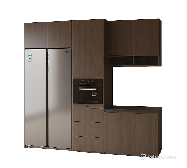 Modern Kitchen Refrigerator Cabinet With Brown Wooden Finish And Built In Oven 3d model 