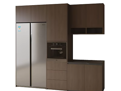 Modern Kitchen Refrigerator Cabinet With Brown Wooden Finish And Built In Oven 3d model