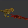 3D Models of Standing T-Rex and Lying Crocodile on Gray Background With Reflective Surface