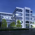 Modern Hospital Building Exterior At Night With Illumination Circular Windows Parking Lot And Green Plants