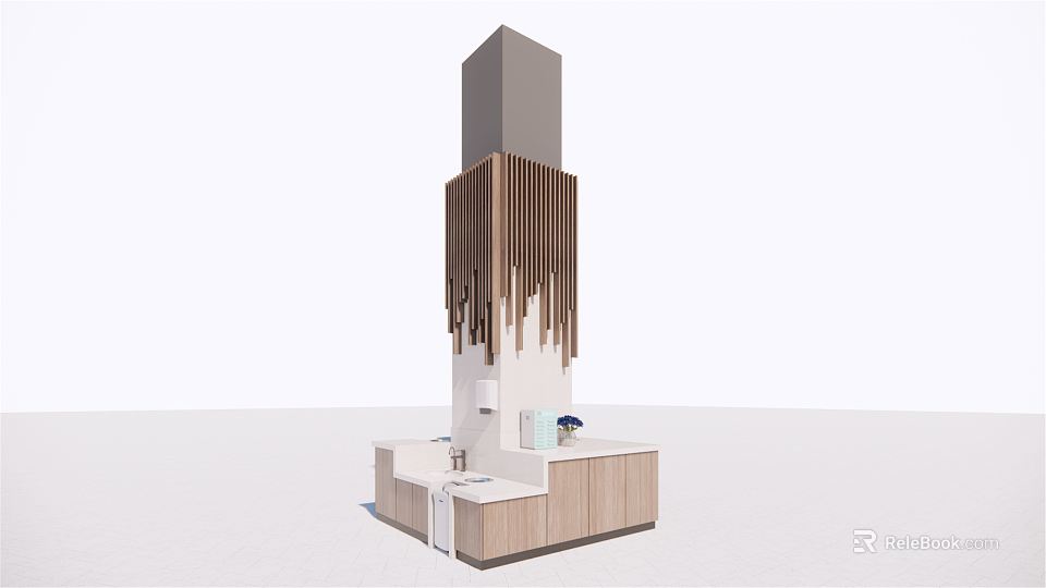 Elegant Modern Column Structure With Wooden Slats And White Base Countertop 3d model 