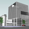 Modern Office Building Featuring Vertical Striped Facade Black Horizontal Section And Trees 3d model