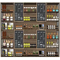 Organized Kitchen Utensils Storage Shelves With Various Jars Bottles And Tools 3d model