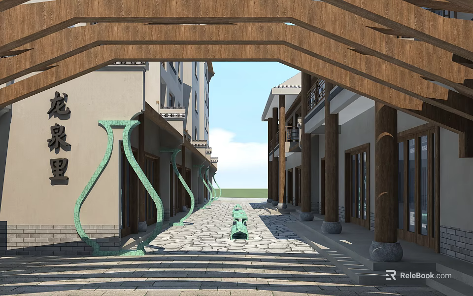 Longquanli Commercial Street With Chinese Style Buildings Wooden Arcade And Stone Paved Walkway 3d model 