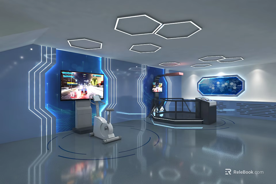Blue Themed Tech Exhibition Hall With Hexagonal Ceiling Large Screens Control Console And Reflective Floor 3d model 
