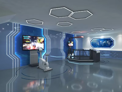 Blue Themed Tech Exhibition Hall With Hexagonal Ceiling Large Screens Control Console And Reflective Floor 3d model