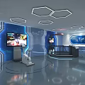 Blue Themed Tech Exhibition Hall With Hexagonal Ceiling Large Screens Control Console And Reflective Floor