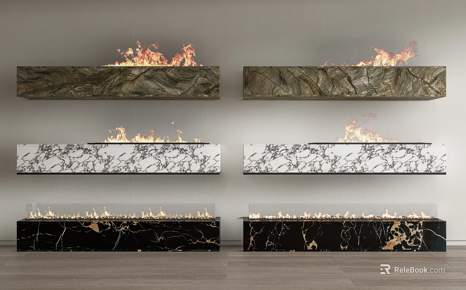 Wall Mounted Marble Fireplace Designs With Burning Flames In Modern Interior 3d model 