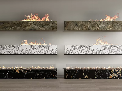 Wall Mounted Marble Fireplace Designs With Burning Flames In Modern Interior 3d model