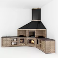 Rustic Kitchen Design With Brick Cabinets Black Range Hood Marble Countertop And Fireplace Stove