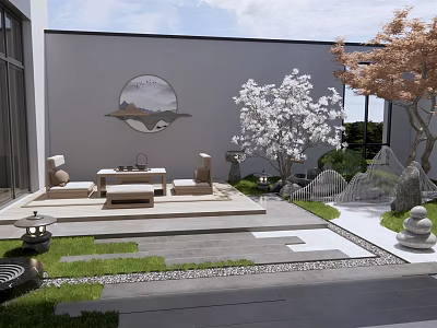 Rockery Stones In Modern Courtyard Garden With White Flower Tree And Stone Path 3d model