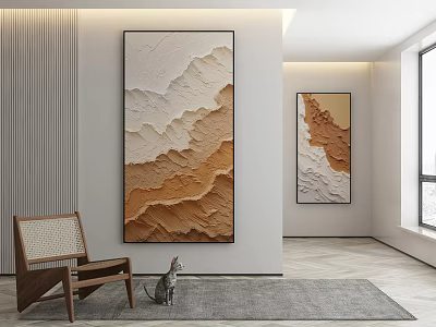 Modern Interior Featuring Textured Abstract Paintings Wooden Chair And Gray Rug 3d model