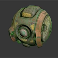 Vintage Weathered Mechanical Device with Orange Green Yellow Accents Circular Lens and Metallic Bolts