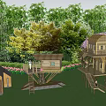 Wooden Homestay Buildings in Natural Surroundings With Green Lawn and Trees