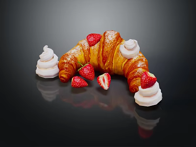 Fresh Croissant with Fresh Strawberries Whipped Cream and Powdered Sugar on Dark Background with Reflection 3d model